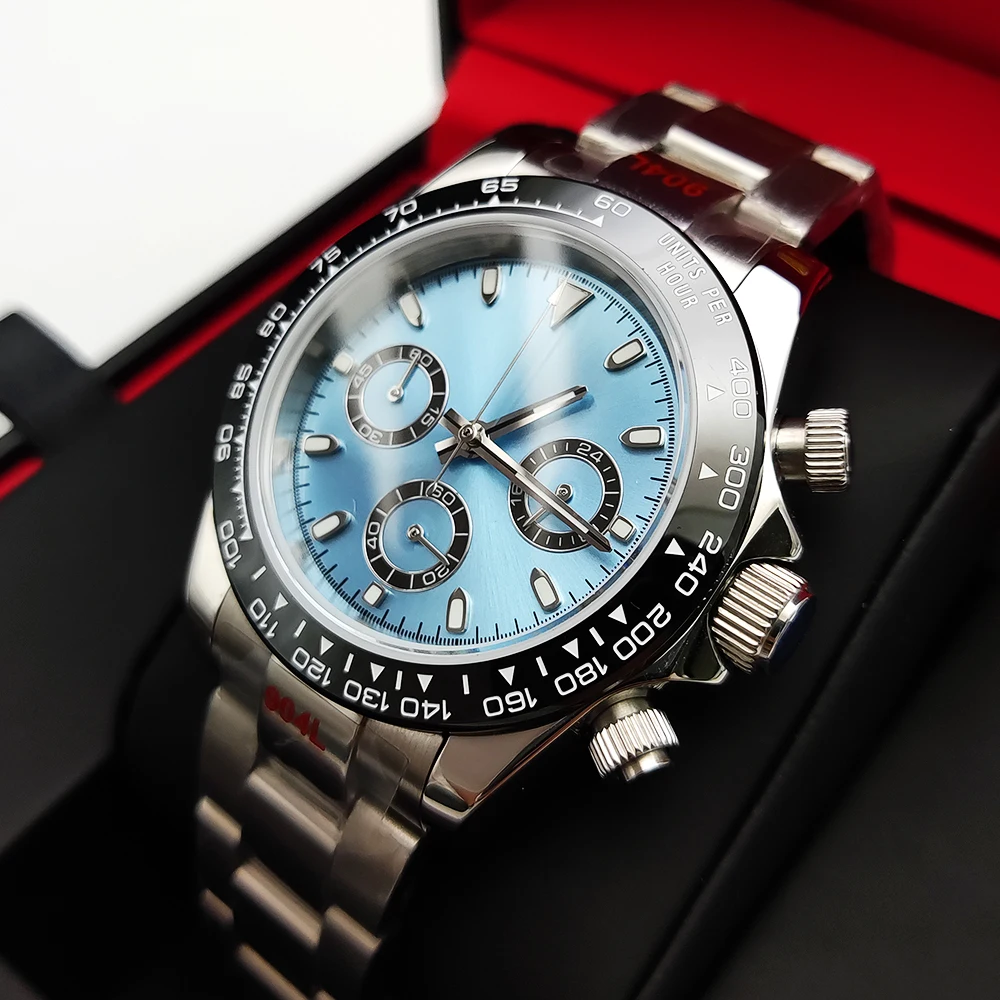 20 Color Business 39mm Quartz Watch Men's Timing Sapphire Crystal VK63 Movement Calendar Luminous Blue Dial Stainless Steel Stra