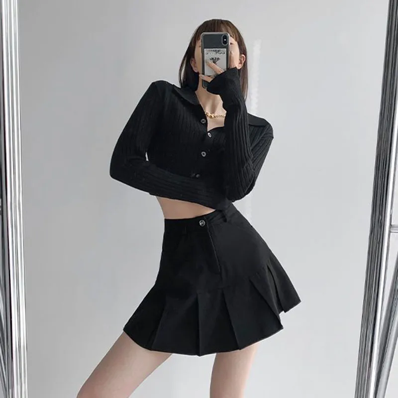Y2K Vintage High Waist Pleated Skirt Women College Style Uniforms Safety Pants Mini Skirts Woman Korean Street Slim A-Line Skirt