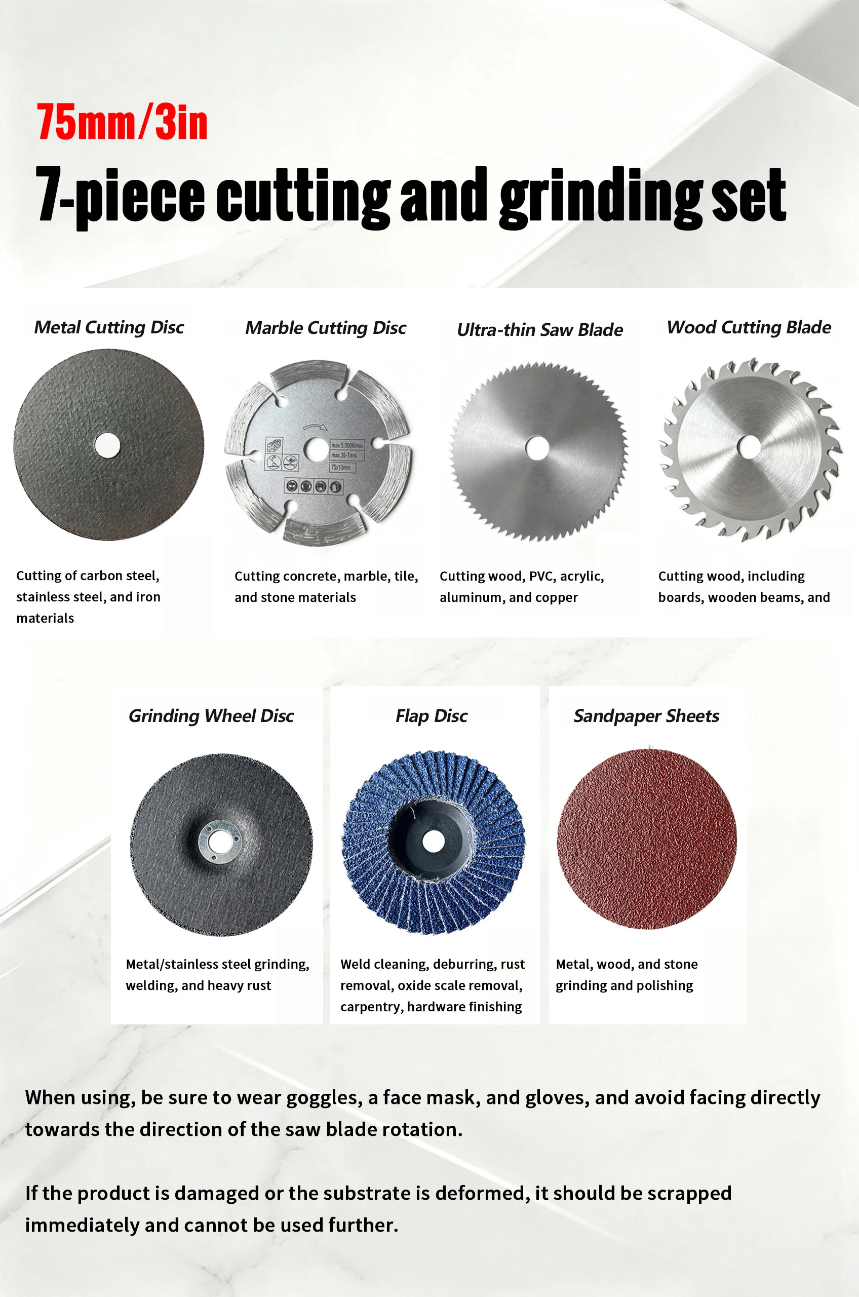 7Pcs Procut3-Inch Circular Saw Blade Set with 75mm Grinding Disc - Durable Steel Structure, Including Chain Saw Disc Blades, Me