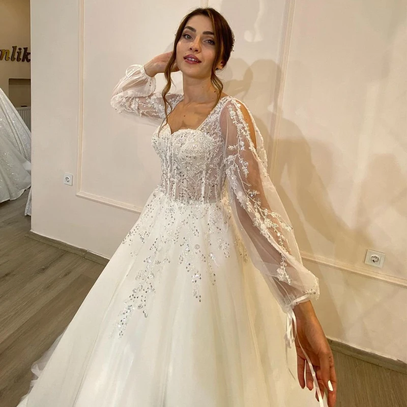 Eightree White Wedding Dresses Sweetheart Appliques Bridal Dress 2022 Puff Sleeve Tulle A-Line Princess Wedding Gowns Customized