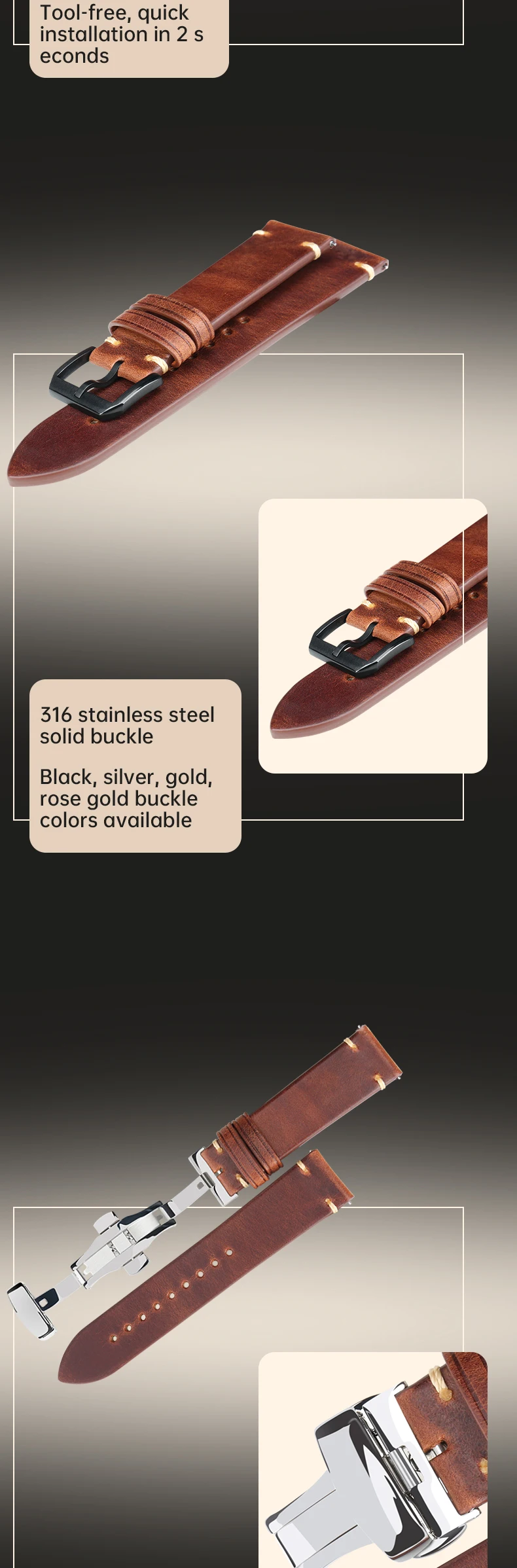 MAIKES Quick Release Watch Strap Butterfly Clasp Cow Leather Made in Tuscany Italy Accessories Bracelet Watch band