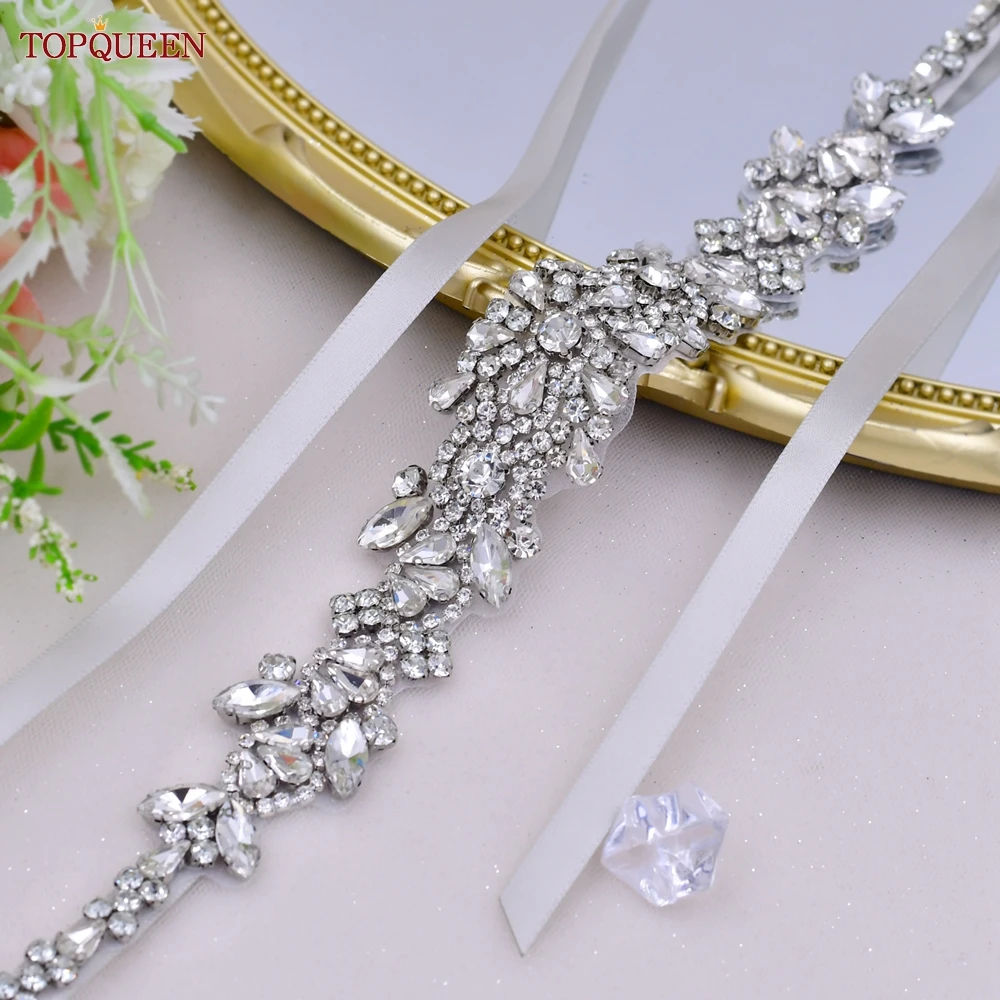 TOPQUEEN New Style Bridal Belt Silver Fancy Rhinestone Women Wedding Dress Accessories Satin Ribbon Belt S51