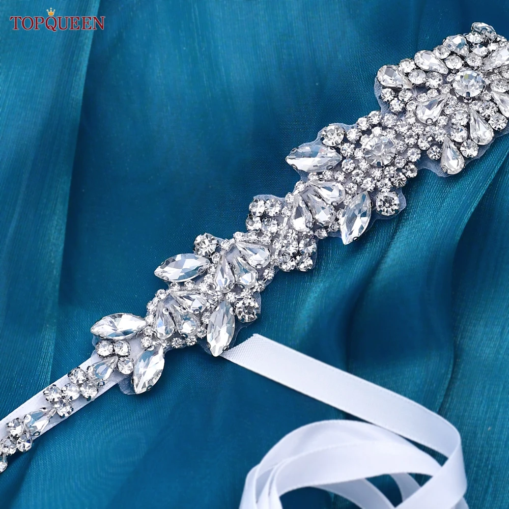 TOPQUEEN New Style Bridal Belt Silver Fancy Rhinestone Women Wedding Dress Accessories Satin Ribbon Belt S51
