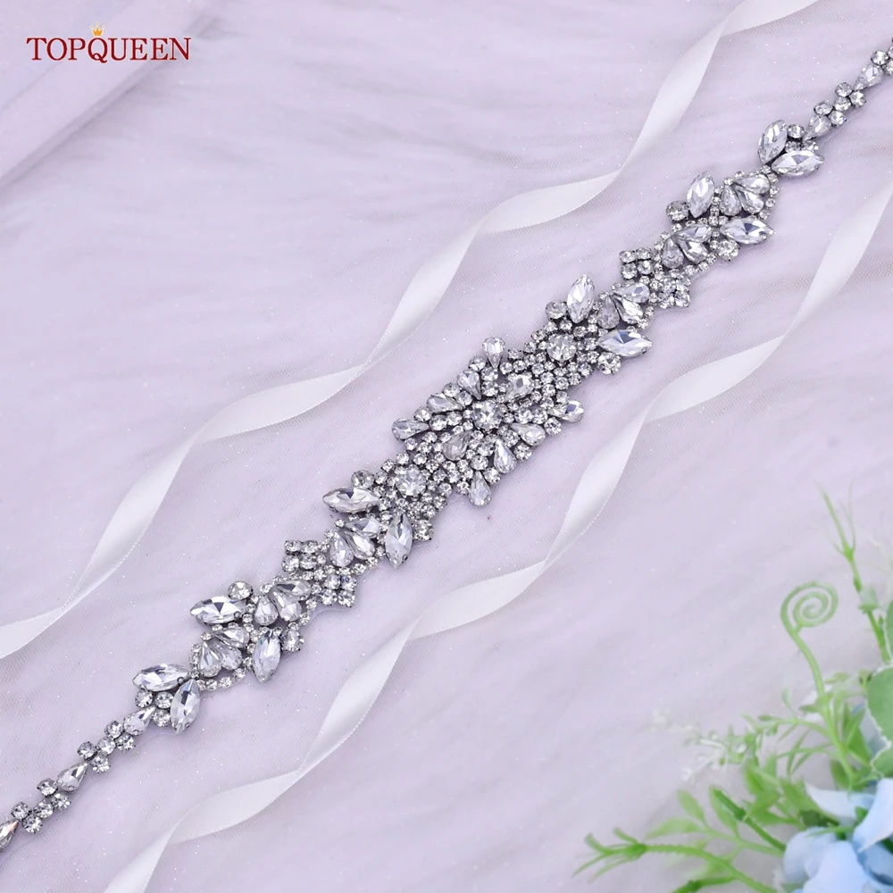 TOPQUEEN New Style Bridal Belt Silver Fancy Rhinestone Women Wedding Dress Accessories Satin Ribbon Belt S51