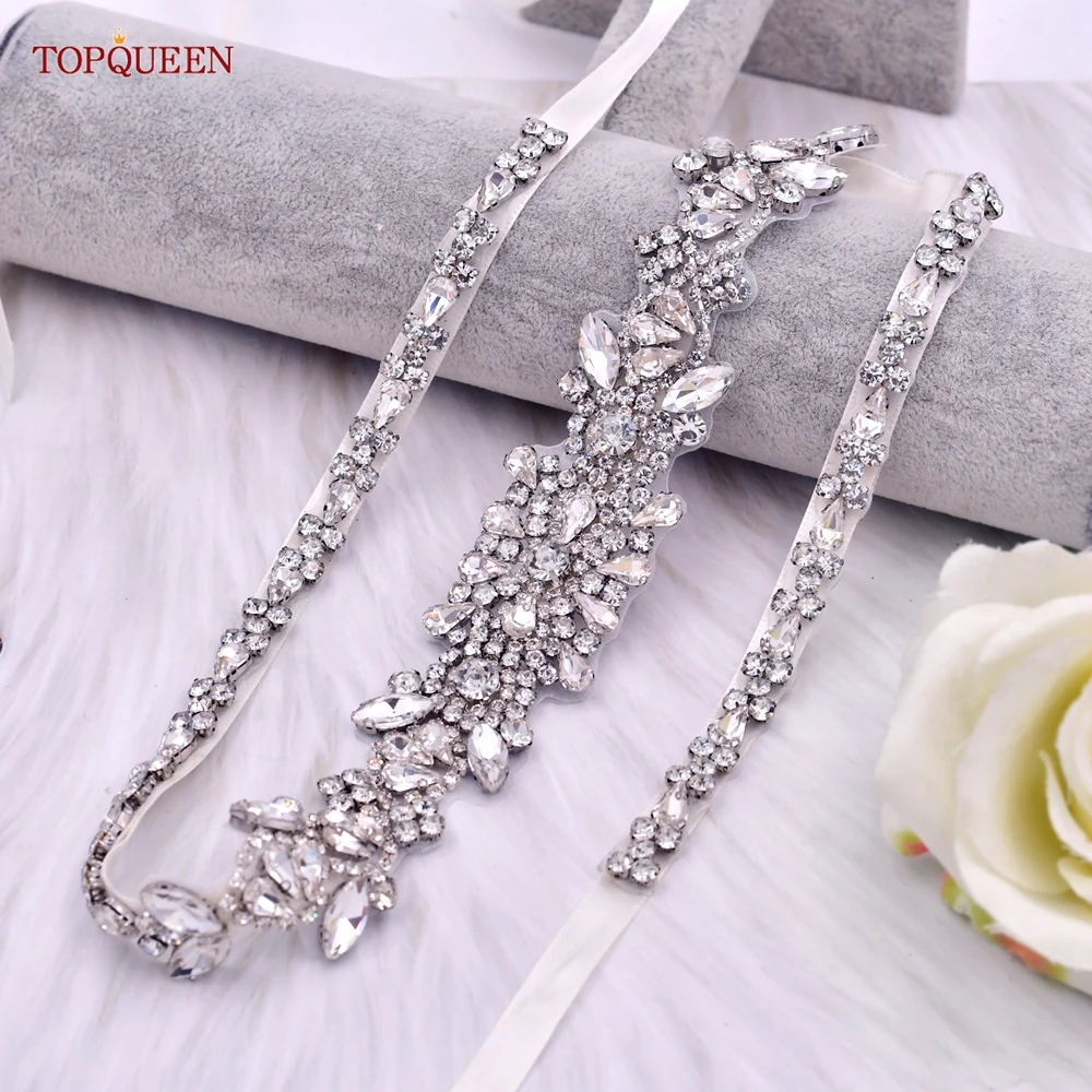 TOPQUEEN New Style Bridal Belt Silver Fancy Rhinestone Women Wedding Dress Accessories Satin Ribbon Belt S51