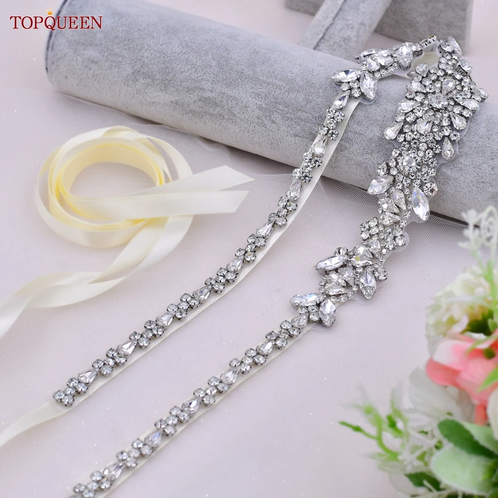 TOPQUEEN New Style Bridal Belt Silver Fancy Rhinestone Women Wedding Dress Accessories Satin Ribbon Belt S51