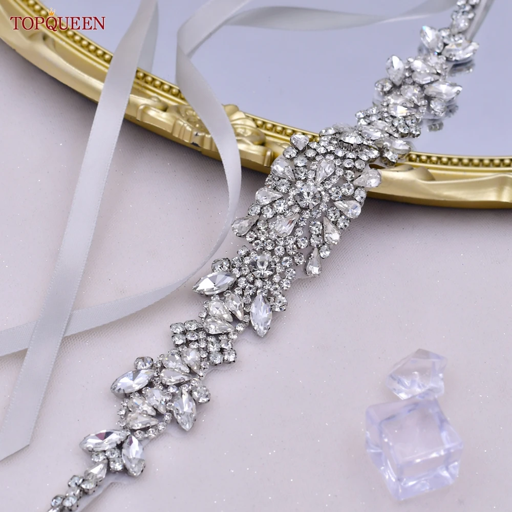 TOPQUEEN New Style Bridal Belt Silver Fancy Rhinestone Women Wedding Dress Accessories Satin Ribbon Belt S51