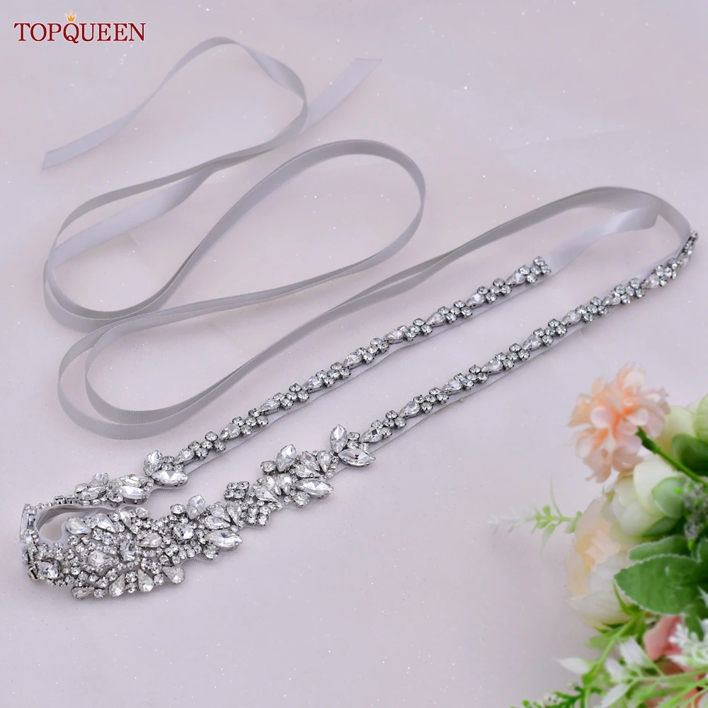 TOPQUEEN New Style Bridal Belt Silver Fancy Rhinestone Women Wedding Dress Accessories Satin Ribbon Belt S51