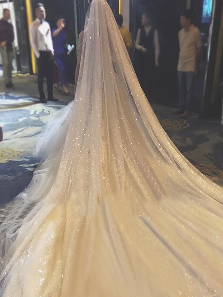 B58-D Sparkle Wedding Veil Champagne Colored Wedding Veils Bling Bridal Veils Long 3M/5M Bride Veil Luxury Cathedral Veil