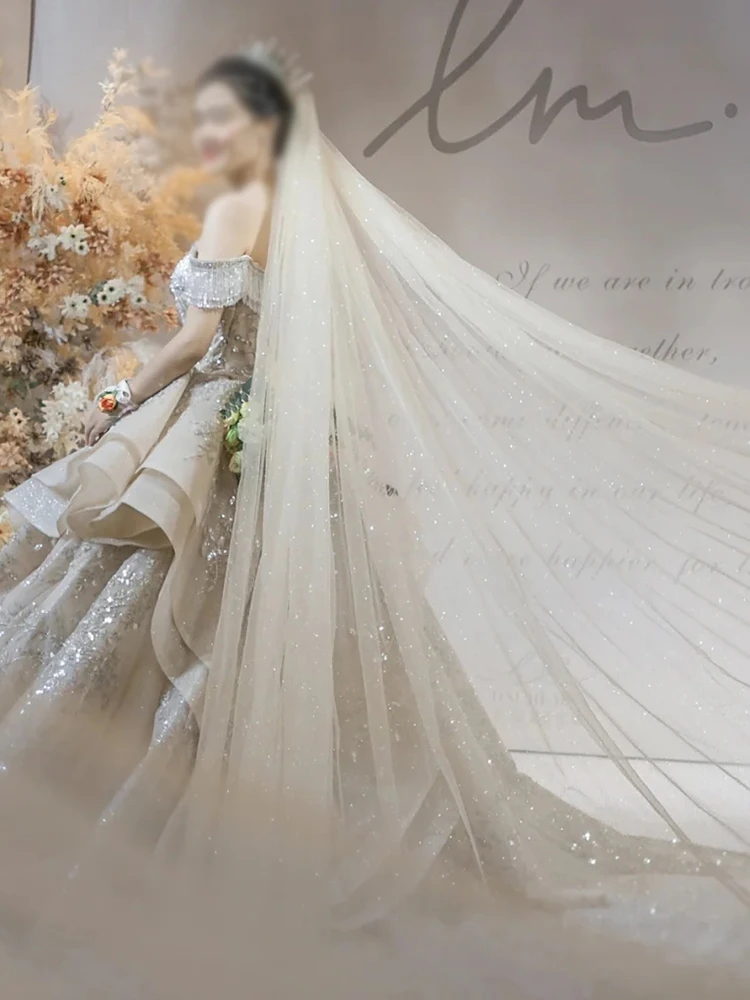 B58-D Sparkle Wedding Veil Champagne Colored Wedding Veils Bling Bridal Veils Long 3M/5M Bride Veil Luxury Cathedral Veil