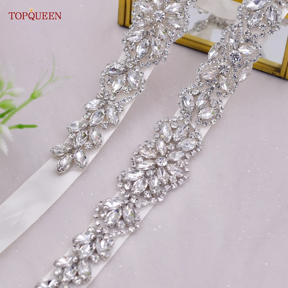 TOPQUEEN S75 Bridal Wedding Dress Belt Silver Rhinestones Crystal Elegant Luxury Handmade Beaded Bridesmaid Women Dresses Belt