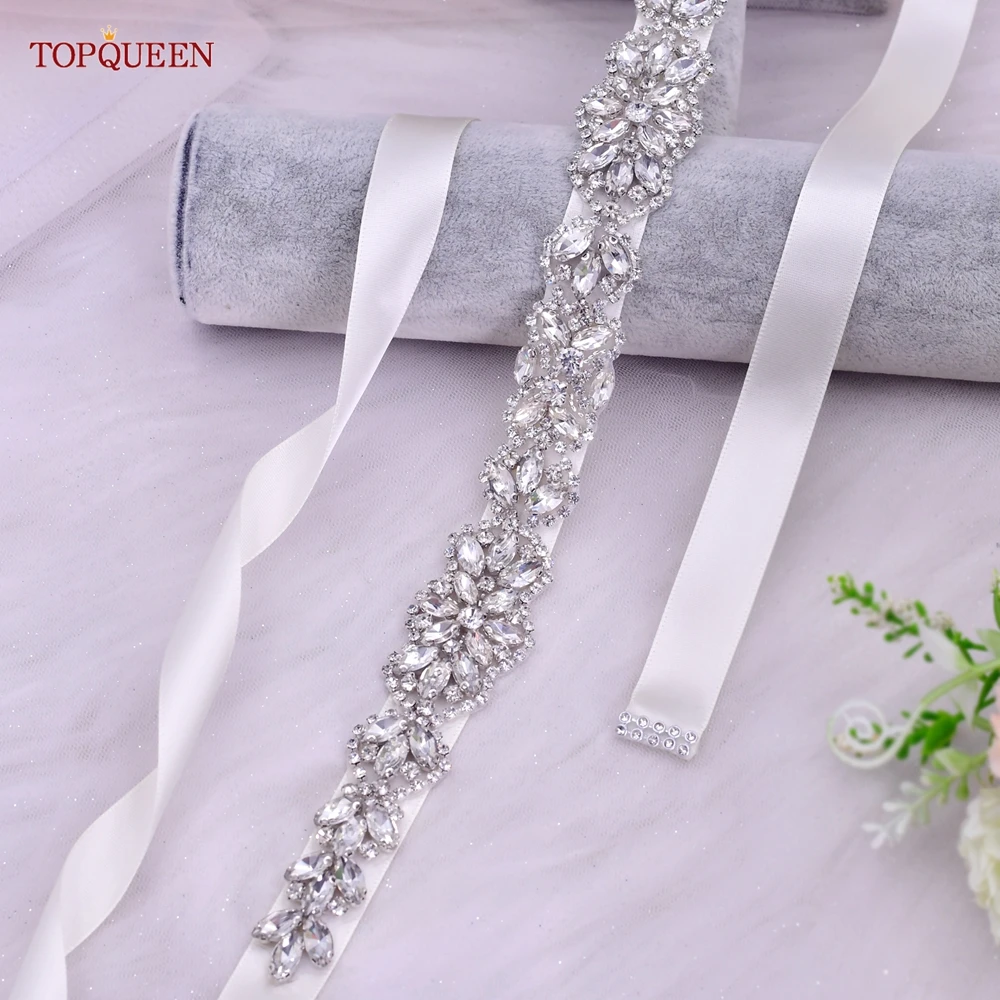TOPQUEEN S75 Bridal Wedding Dress Belt Silver Rhinestones Crystal Elegant Luxury Handmade Beaded Bridesmaid Women Dresses Belt