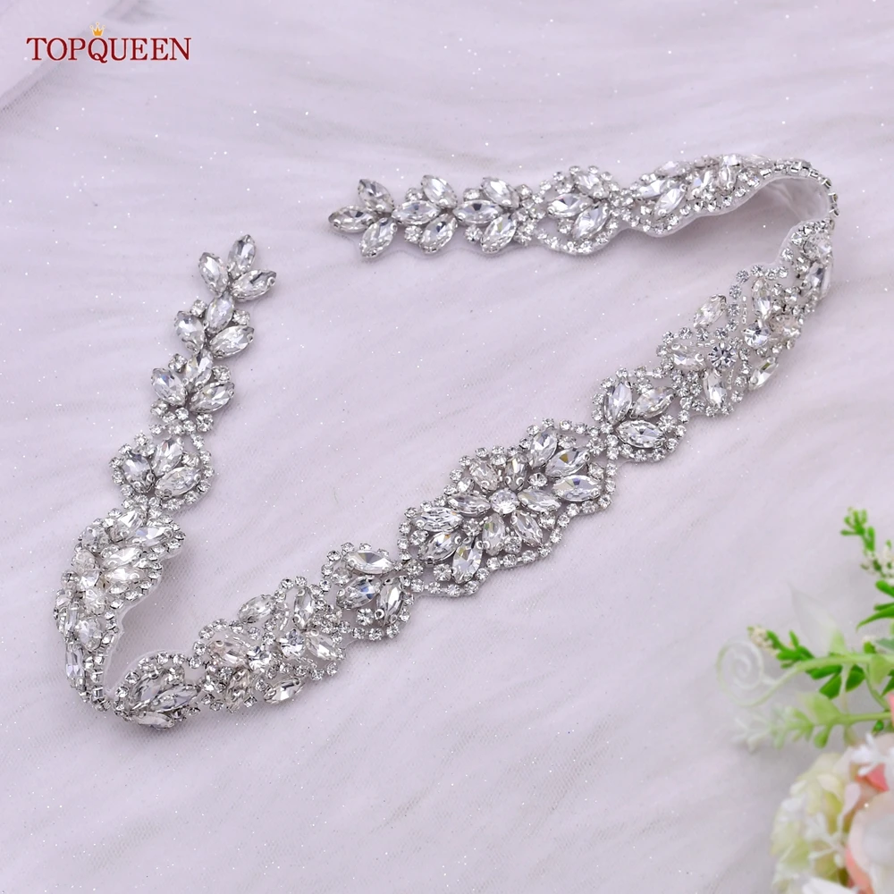 TOPQUEEN S75 Bridal Wedding Dress Belt Silver Rhinestones Crystal Elegant Luxury Handmade Beaded Bridesmaid Women Dresses Belt