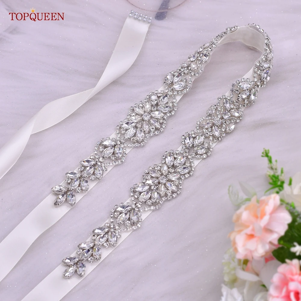 TOPQUEEN S75 Bridal Wedding Dress Belt Silver Rhinestones Crystal Elegant Luxury Handmade Beaded Bridesmaid Women Dresses Belt