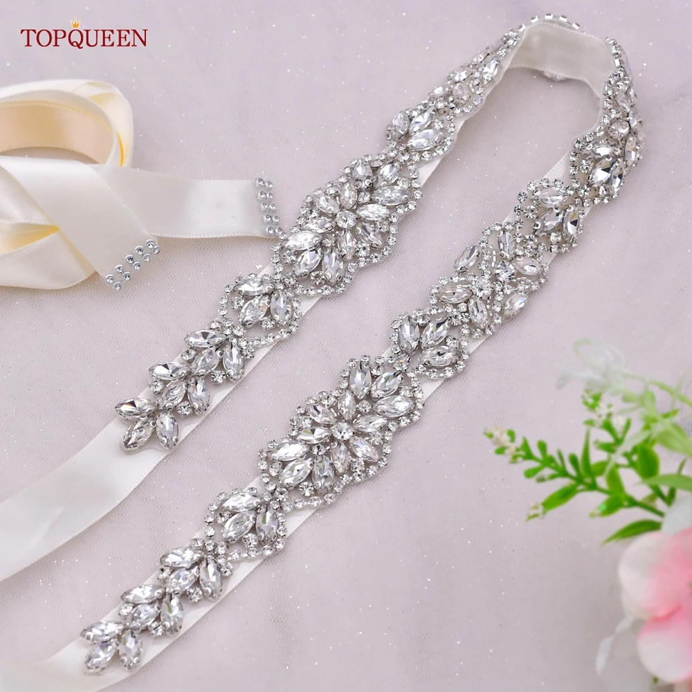 TOPQUEEN S75 Bridal Wedding Dress Belt Silver Rhinestones Crystal Elegant Luxury Handmade Beaded Bridesmaid Women Dresses Belt