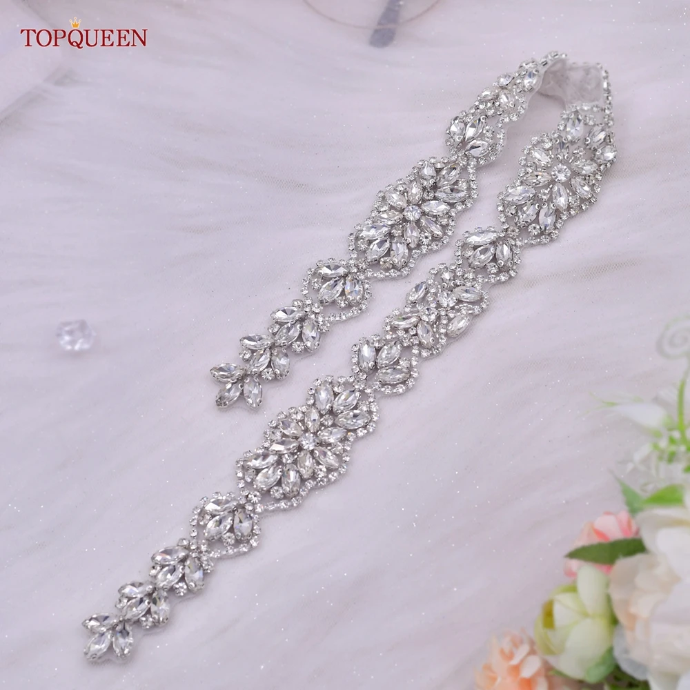 TOPQUEEN S75 Bridal Wedding Dress Belt Silver Rhinestones Crystal Elegant Luxury Handmade Beaded Bridesmaid Women Dresses Belt