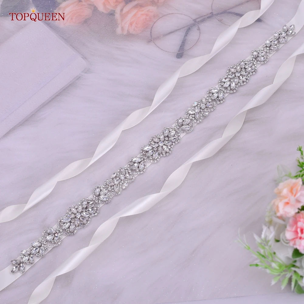 TOPQUEEN S75 Bridal Wedding Dress Belt Silver Rhinestones Crystal Elegant Luxury Handmade Beaded Bridesmaid Women Dresses Belt