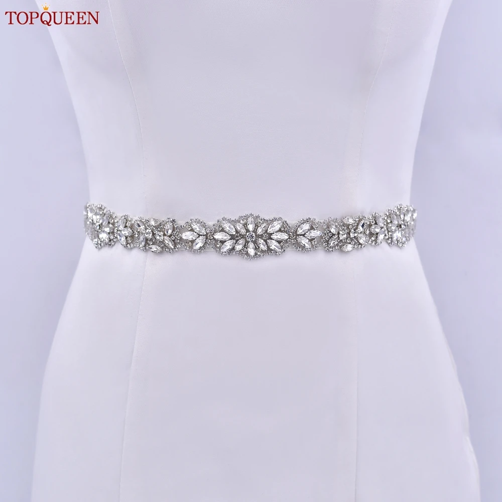TOPQUEEN S75 Bridal Wedding Dress Belt Silver Rhinestones Crystal Elegant Luxury Handmade Beaded Bridesmaid Women Dresses Belt
