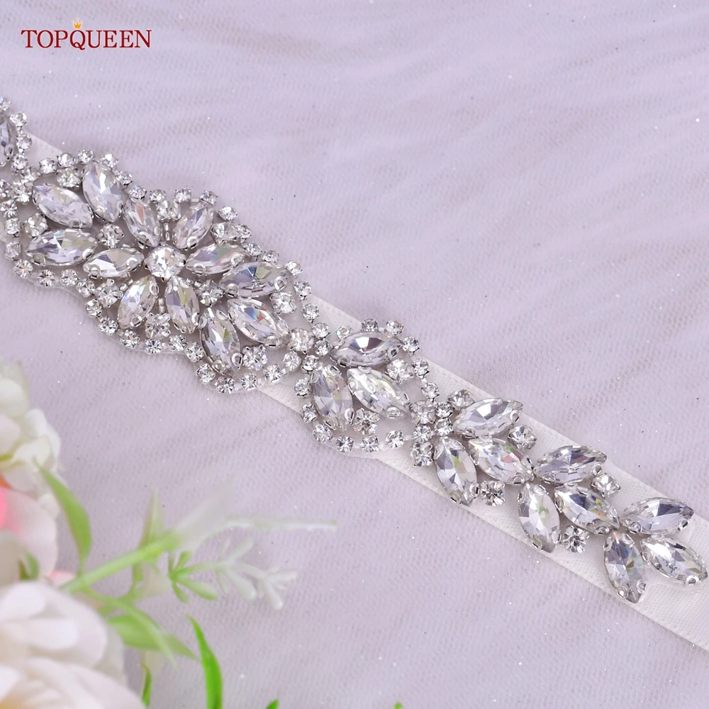TOPQUEEN S75 Bridal Wedding Dress Belt Silver Rhinestones Crystal Elegant Luxury Handmade Beaded Bridesmaid Women Dresses Belt