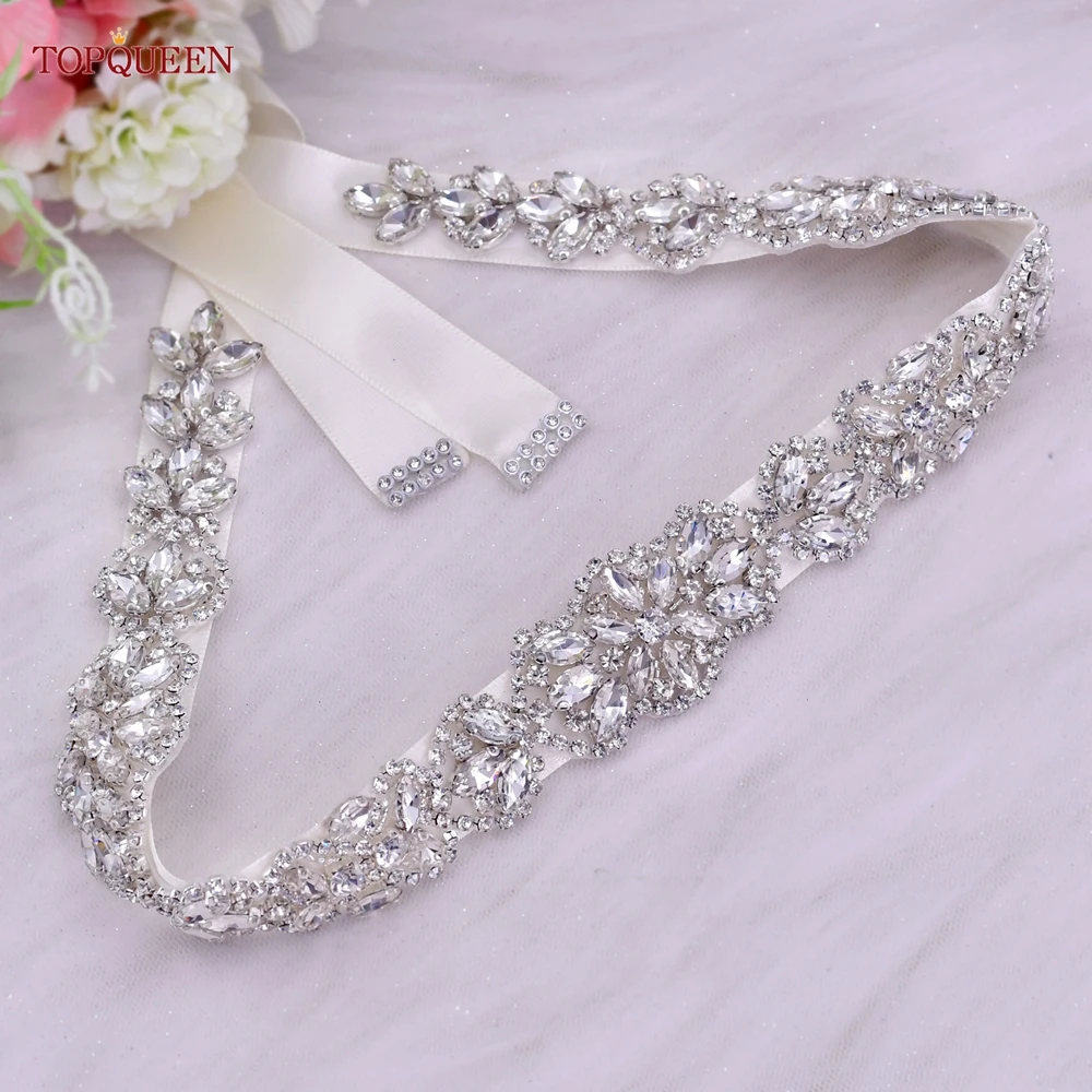 TOPQUEEN S75 Bridal Wedding Dress Belt Silver Rhinestones Crystal Elegant Luxury Handmade Beaded Bridesmaid Women Dresses Belt