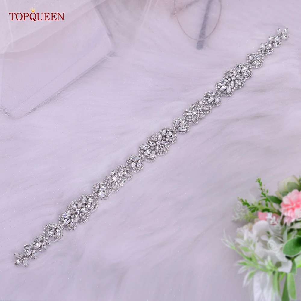 TOPQUEEN S75 Bridal Wedding Dress Belt Silver Rhinestones Crystal Elegant Luxury Handmade Beaded Bridesmaid Women Dresses Belt
