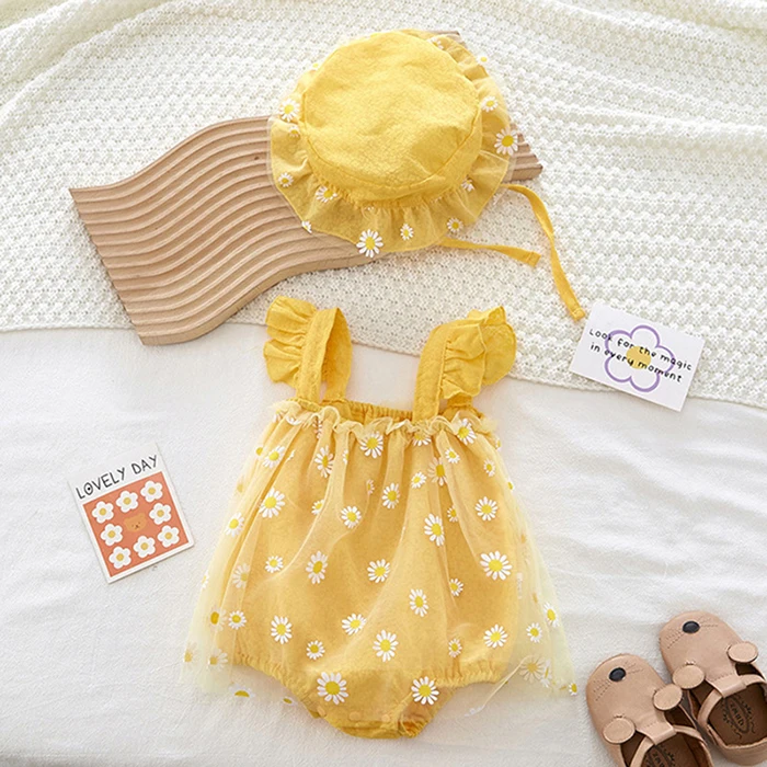 Summer Baby Girl Clothing Infant Baby Girls Jumpsuit+Hat Fly Sleeve Cotton Printing Mesh Splicing Toddler Baby Girl Romper