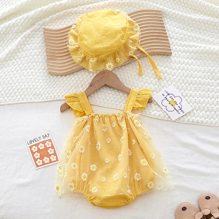 Summer Baby Girl Clothing Infant Baby Girls Jumpsuit+Hat Fly Sleeve Cotton Printing Mesh Splicing Toddler Baby Girl Romper