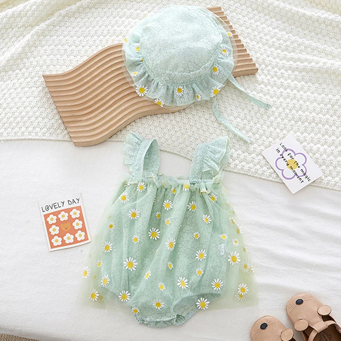 Summer Baby Girl Clothing Infant Baby Girls Jumpsuit+Hat Fly Sleeve Cotton Printing Mesh Splicing Toddler Baby Girl Romper