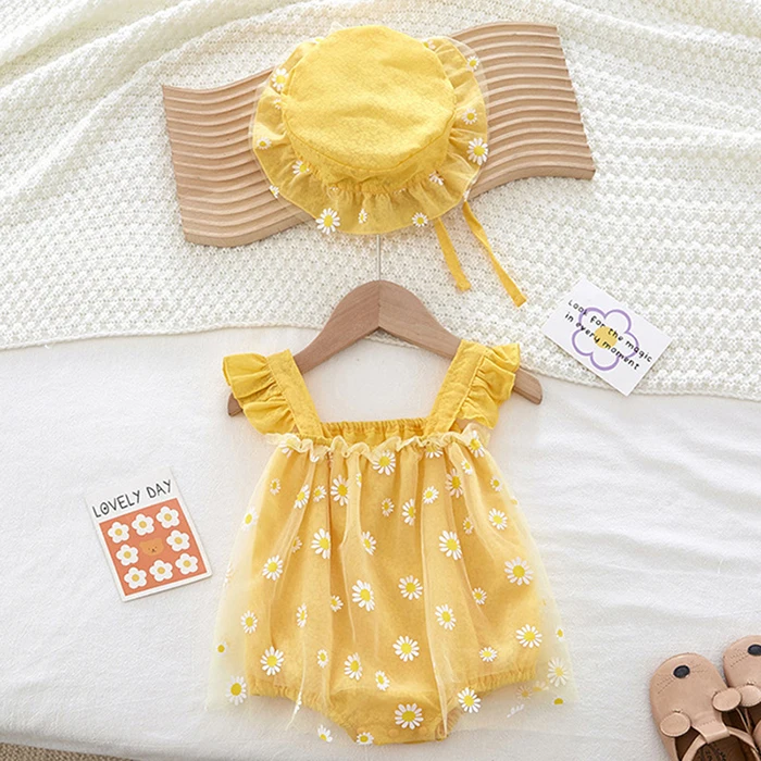 Summer Baby Girl Clothing Infant Baby Girls Jumpsuit+Hat Fly Sleeve Cotton Printing Mesh Splicing Toddler Baby Girl Romper