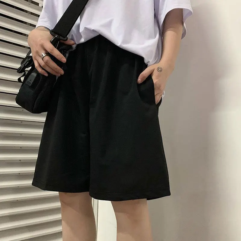 Y2k Summer Black Short Women Fashion Ladies Elastic Waist Short Pant High Waist Streetwear Wide-leg Oversize Simple Unisex Short