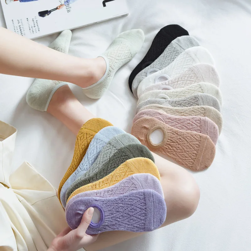 Qisin 5Pairs Women Silicone non-slip invisible Socks Summer Solid Color Mesh Ankle Boat Cotton Slipper No show Female Socks