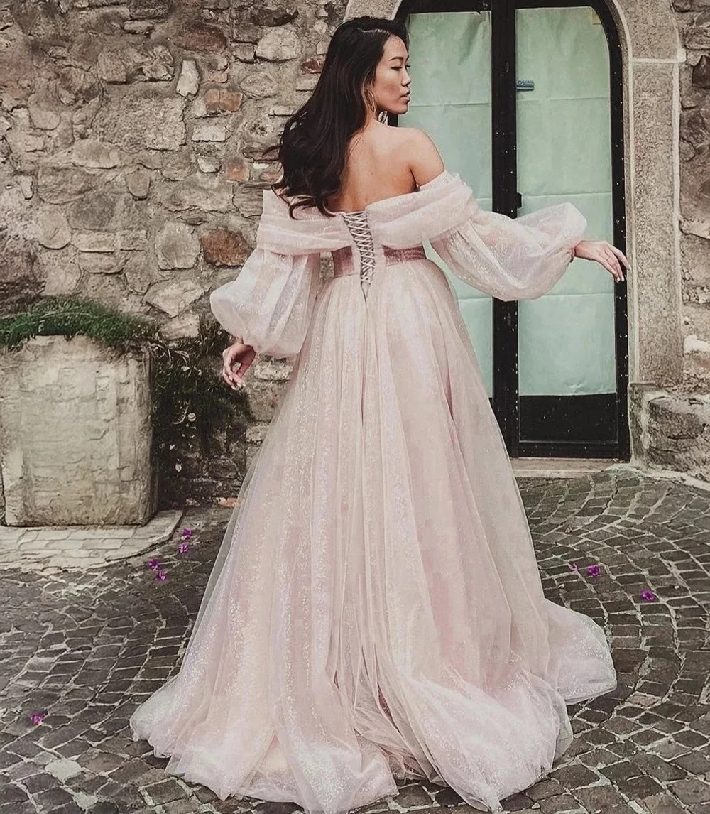 Bafftafe Customized Pink Shiny Tulle Prom Dresses Off Shoulder Long Puff Sleeve Evening Party Gowns Slit Women Wedding Dress
