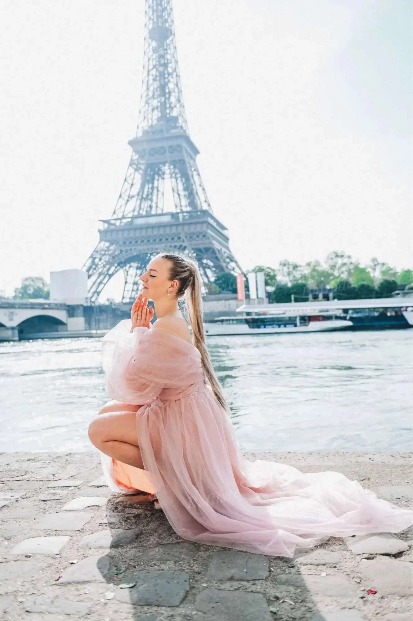 Bafftafe Customized Pink Shiny Tulle Prom Dresses Off Shoulder Long Puff Sleeve Evening Party Gowns Slit Women Wedding Dress