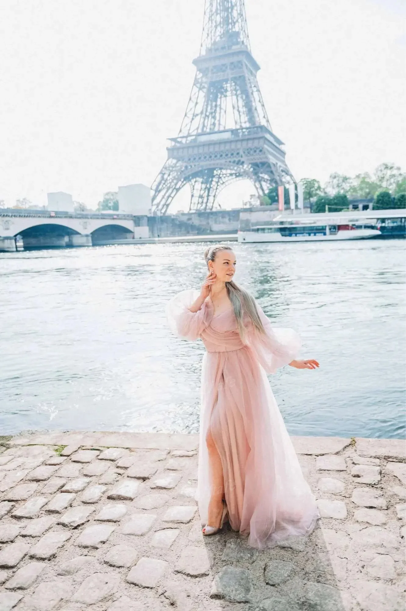 Bafftafe Customized Pink Shiny Tulle Prom Dresses Off Shoulder Long Puff Sleeve Evening Party Gowns Slit Women Wedding Dress