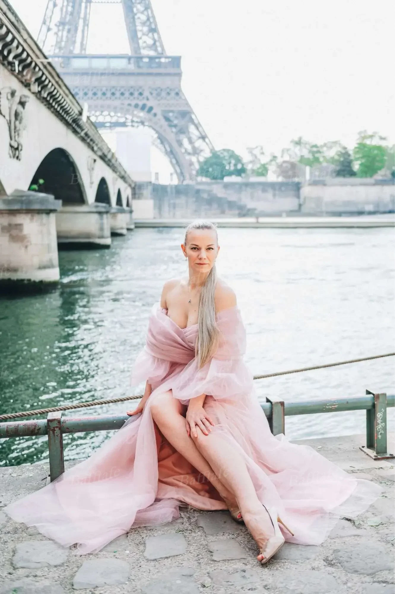 Bafftafe Customized Pink Shiny Tulle Prom Dresses Off Shoulder Long Puff Sleeve Evening Party Gowns Slit Women Wedding Dress