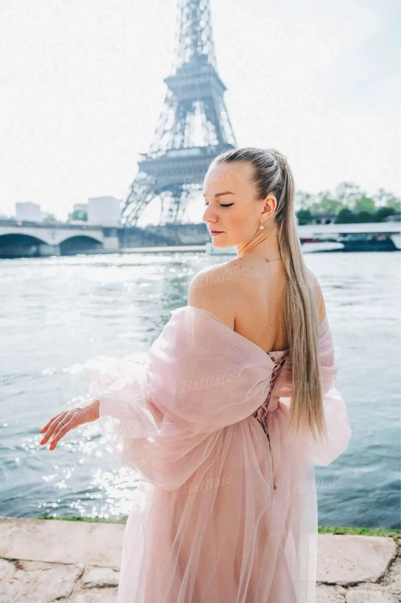 Bafftafe Customized Pink Shiny Tulle Prom Dresses Off Shoulder Long Puff Sleeve Evening Party Gowns Slit Women Wedding Dress
