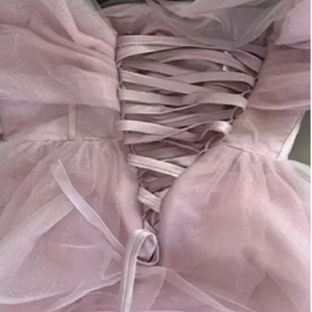 Bafftafe Customized Pink Shiny Tulle Prom Dresses Off Shoulder Long Puff Sleeve Evening Party Gowns Slit Women Wedding Dress