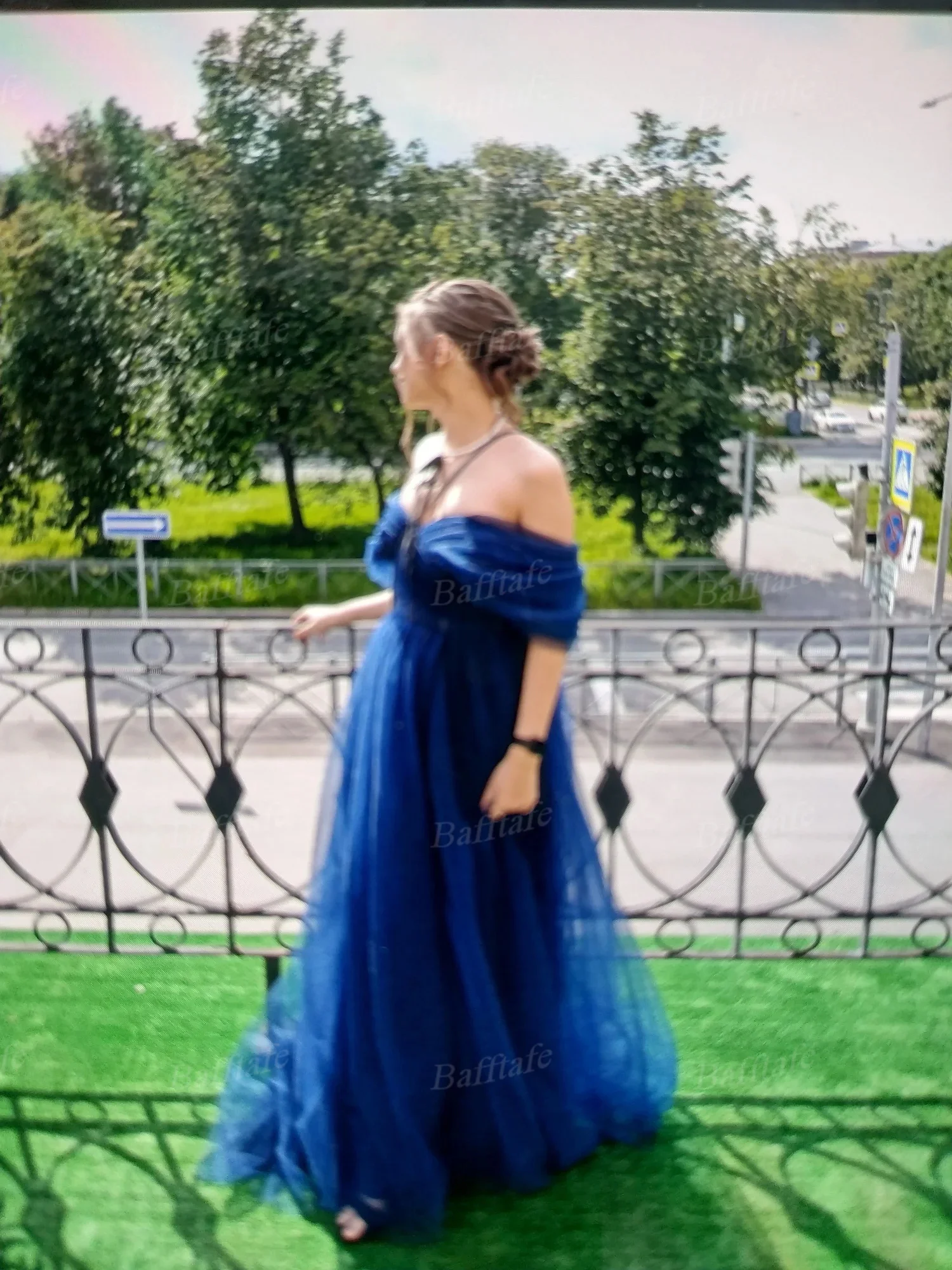 Bafftafe Customized Pink Shiny Tulle Prom Dresses Off Shoulder Long Puff Sleeve Evening Party Gowns Slit Women Wedding Dress