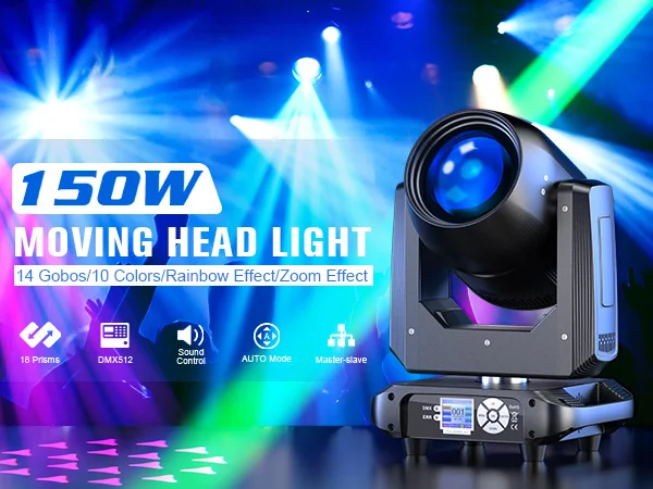 U'King 150W Beam Moving Head Light Rotating 18 Prisms 14 Gobos LED Rainbow Effect Zoom Stage Light DMX512 for DJ Disco Wedding