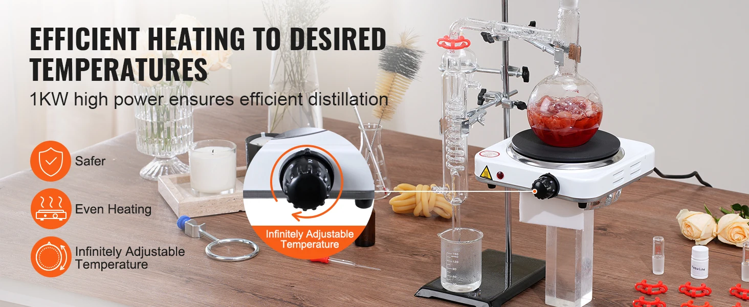 SucceBuy Essential Oil Distillation Kit 500ml 2L Distillation Apparatus 3.3 Boro Lab Glassware Distillation Kit w/ Heat Plate