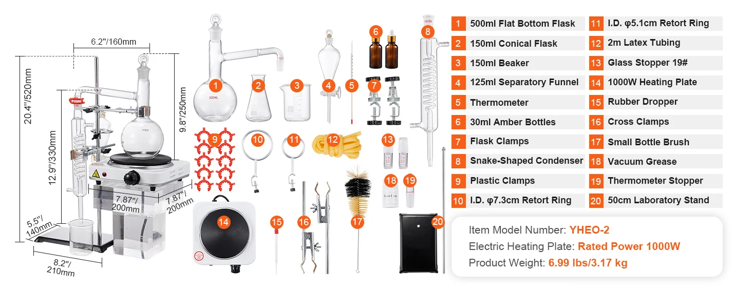 SucceBuy Essential Oil Distillation Kit 500ml 2L Distillation Apparatus 3.3 Boro Lab Glassware Distillation Kit w/ Heat Plate