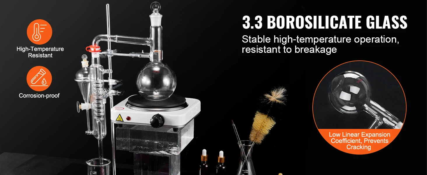 SucceBuy Essential Oil Distillation Kit 500ml 2L Distillation Apparatus 3.3 Boro Lab Glassware Distillation Kit w/ Heat Plate