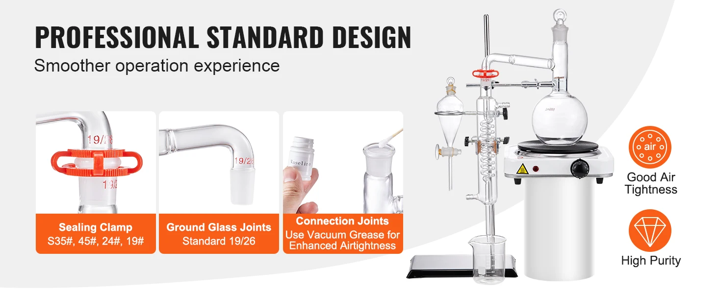 SucceBuy Essential Oil Distillation Kit 500ml 2L Distillation Apparatus 3.3 Boro Lab Glassware Distillation Kit w/ Heat Plate