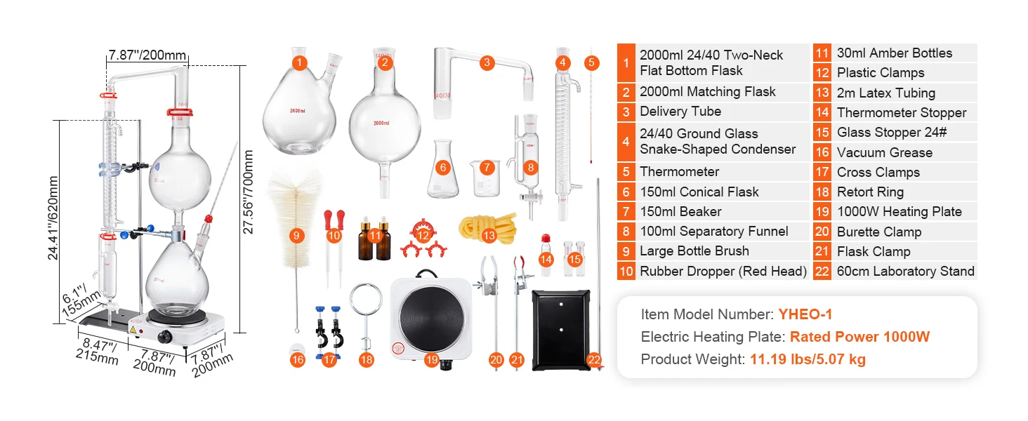 SucceBuy Essential Oil Distillation Kit 500ml 2L Distillation Apparatus 3.3 Boro Lab Glassware Distillation Kit w/ Heat Plate