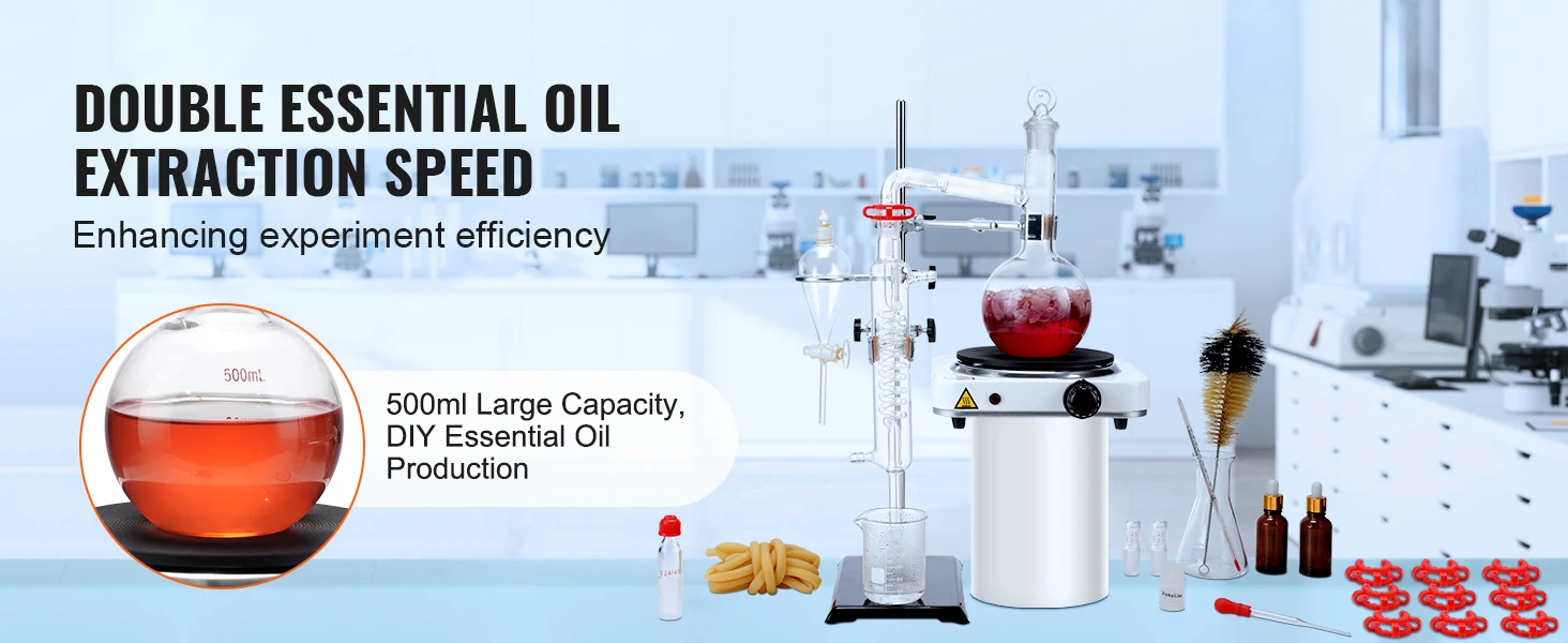 SucceBuy Essential Oil Distillation Kit 500ml 2L Distillation Apparatus 3.3 Boro Lab Glassware Distillation Kit w/ Heat Plate