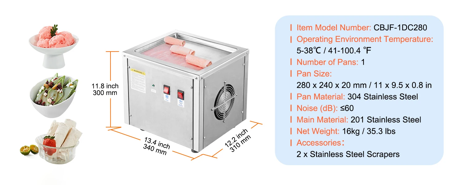 SucceBuy Fried Ice Cream Roll Machin Stainless Steel Rolled Ice Cream Maker with Compressor for Making Ice Cream Frozen Yogurt