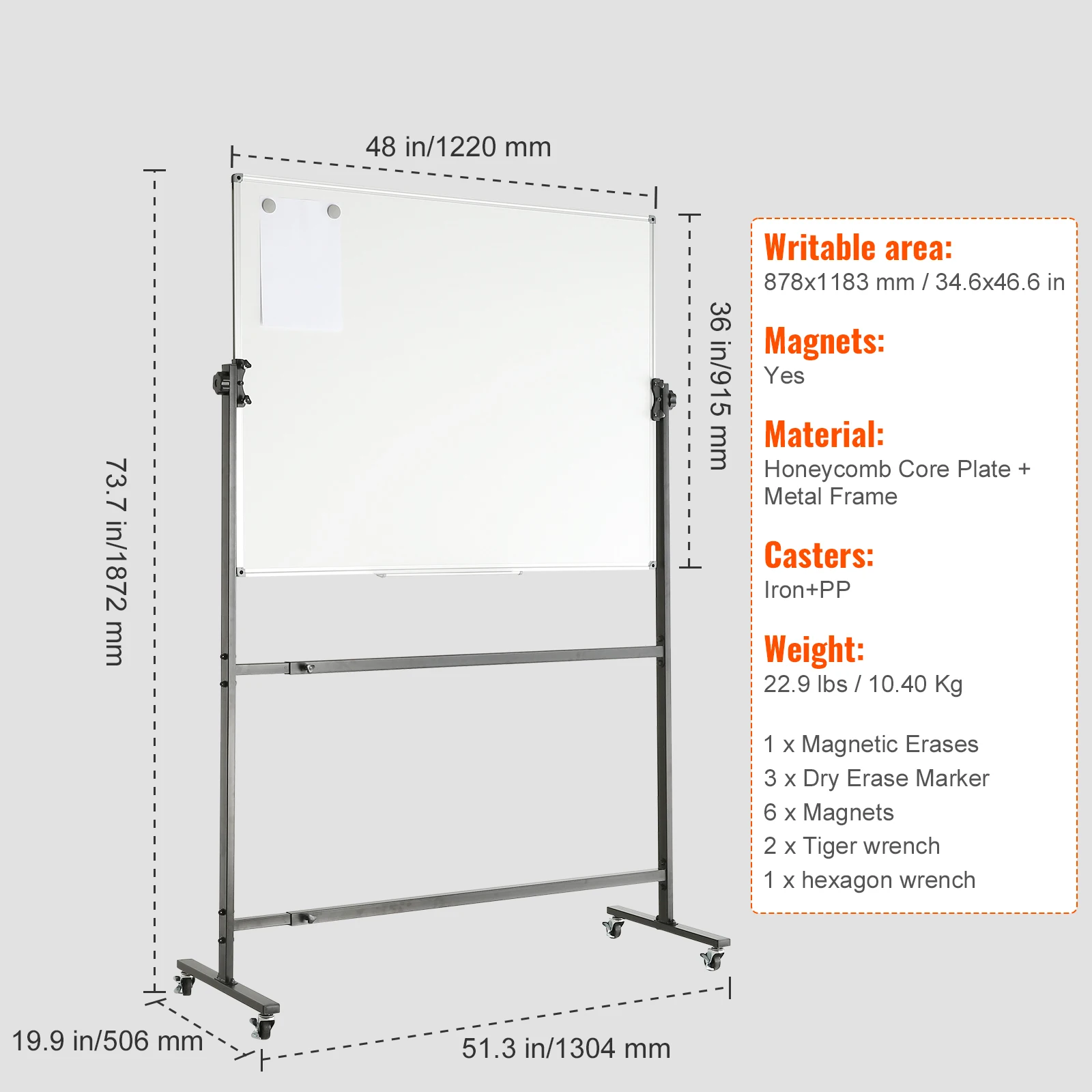 SucceBuy Rolling Magnetic Whiteboard Double-Sided Mobile Whiteboard 360° Reversible Adjustable Height Dry Erase Board for School
