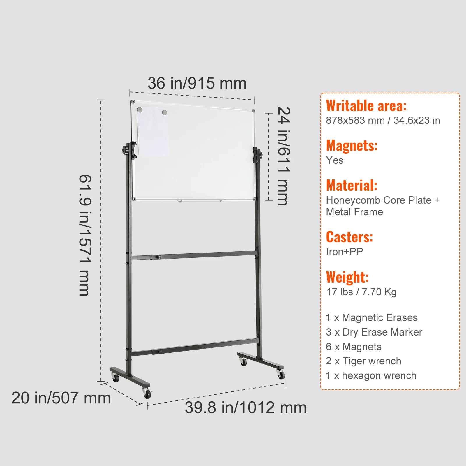 SucceBuy Rolling Magnetic Whiteboard Double-Sided Mobile Whiteboard 360° Reversible Adjustable Height Dry Erase Board for School