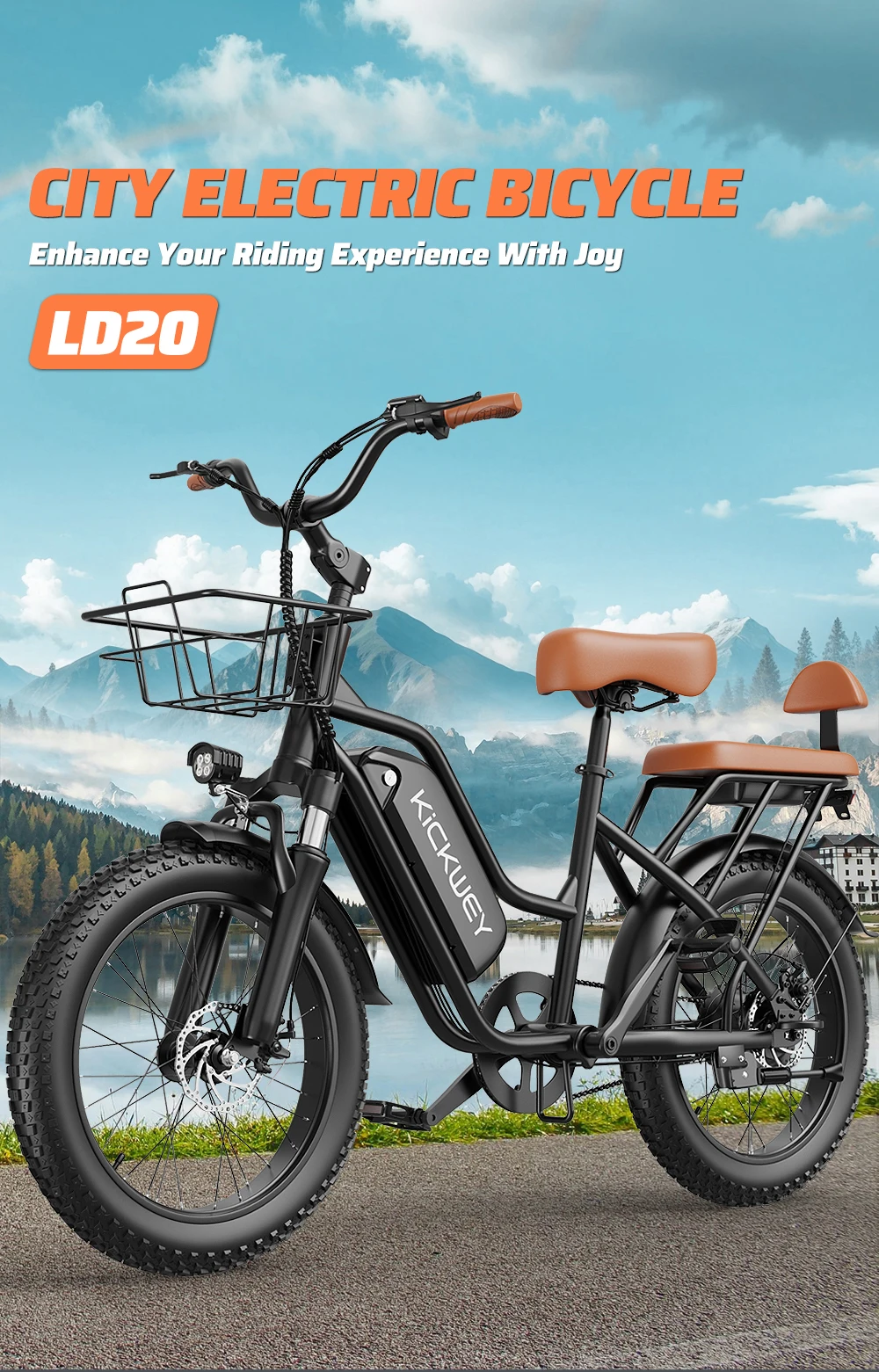 Kickwey LD20 Dual Seat Commuter Adult Electric Bike 1500w 32MPH 48V20ah Mountain Electric Bicycle 20 Inch Fat Tire Motorcycle E Bike