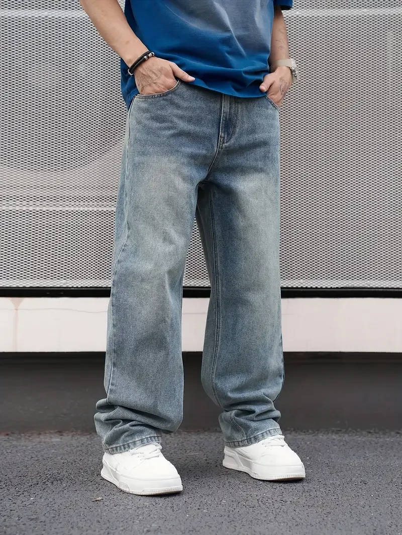 Men'S Casual Straight Wash Jeans - Light Blue, Loose Fit, Oblique Pocket, Comfortable Blend, Suitable For Casual Wear